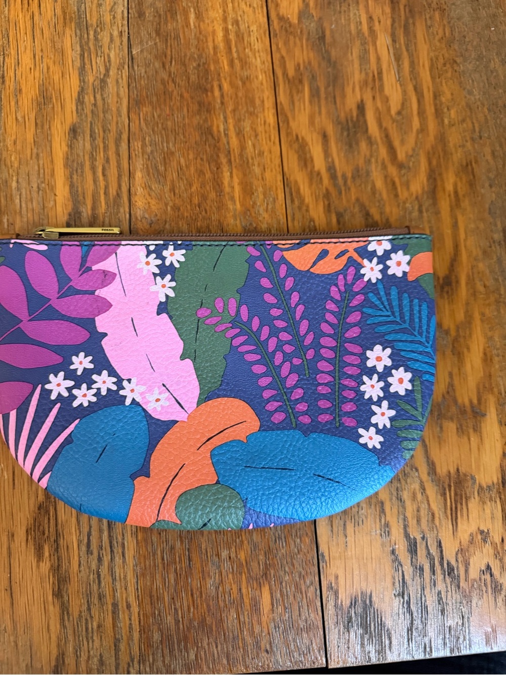 FOSSIL Sofia U Shaped Pouch Tropical Print w/Brass Zipper Pull NWT Travel Small